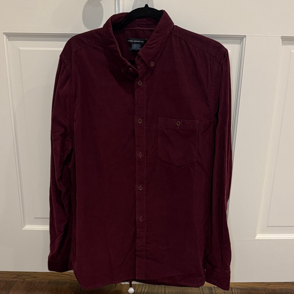 French Connection Men's Burgundy Corduroy Button Down Shirt Size L Regular
